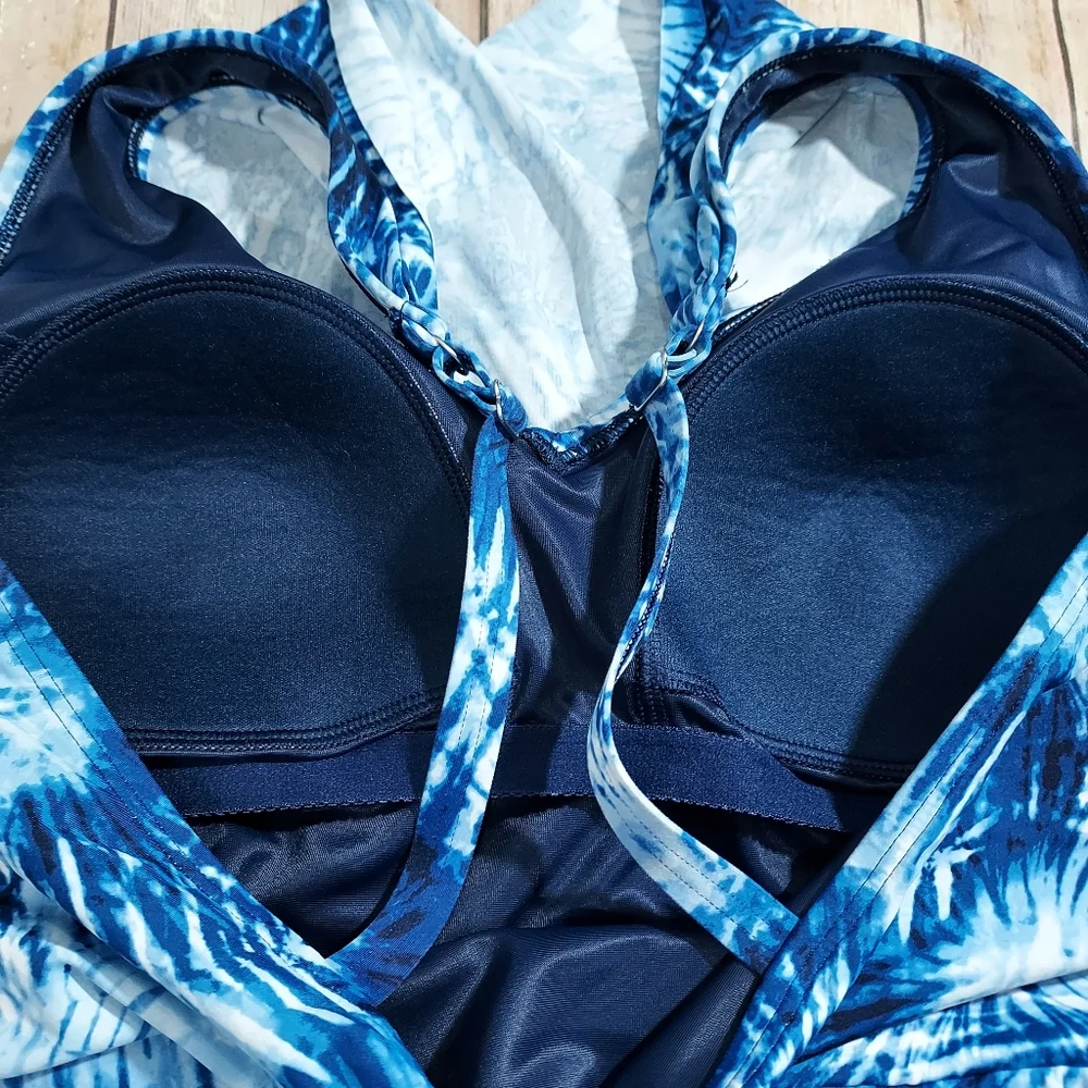 Lands End blue and white surplice swim dress 18
